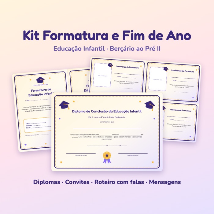 Peças do Kit Formatura: diploma, convite e cartões de lembrança